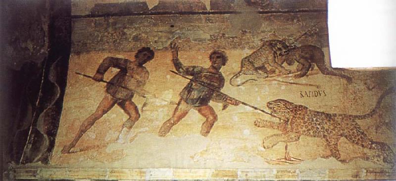 unknow artist Fresco in the main hall of the Hunting Baths at Lepcis Magna